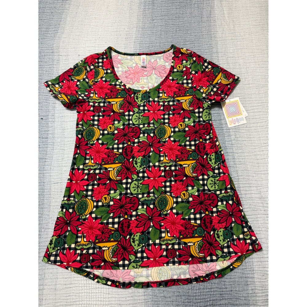 LuLaRoe Classic T XS Poinsettia Gingham Holiday Short Sleeve Top New With Tags